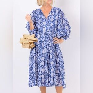 HAT ATTACK Amalfi boho peasant dress batik Blue/White One Size b9